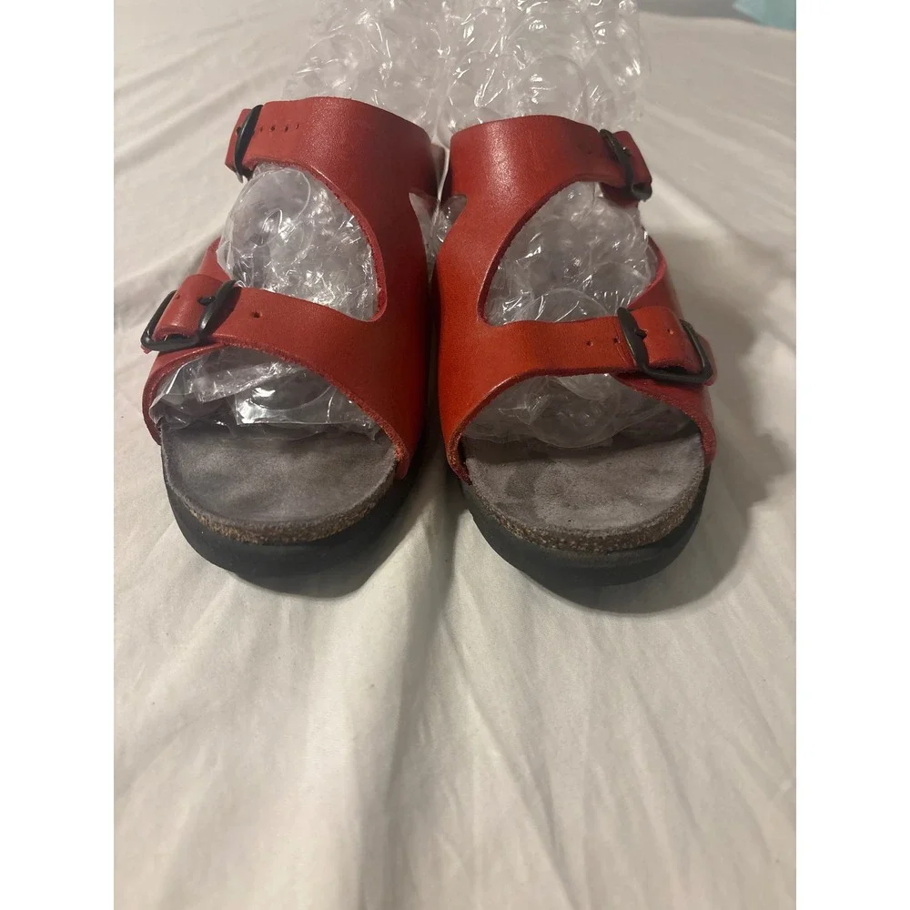 Mephisto Wedge Sandals Womens 38 Red Leather Buckle Slide Excellent Comfort